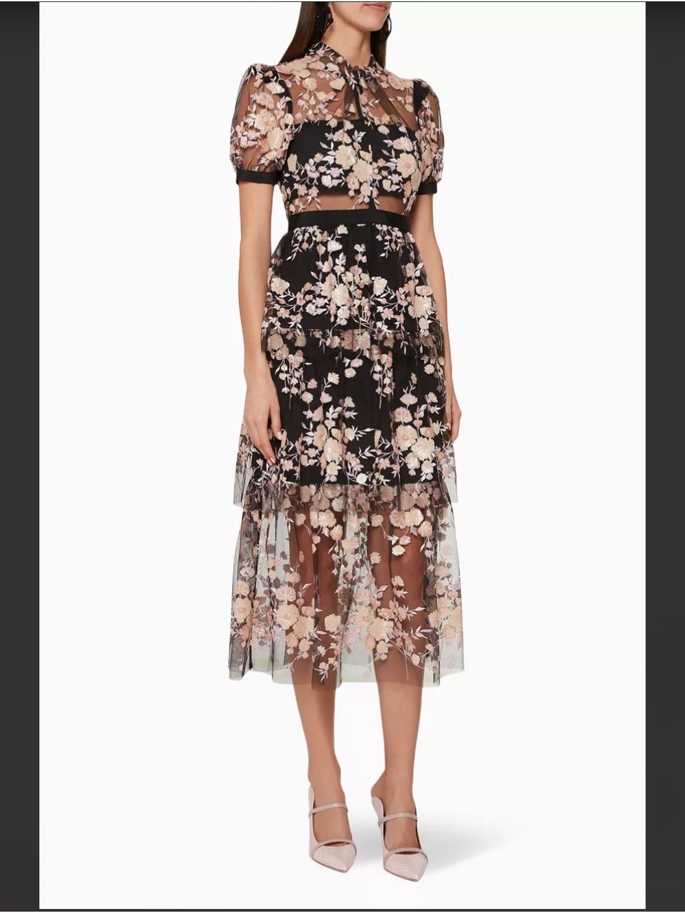 Self-Portrait Floral Embroidered Mesh Midi Dress - Black & Blush Pink